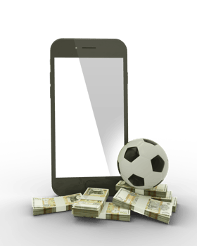3D rendering of a mobile phone with soccer ball and stacks of Moldovan leu notes isolated on transparent background. png