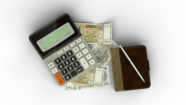 3D rendering of an isolated composition of Moldovan leu notes, a calculator, a note book and a pen png
