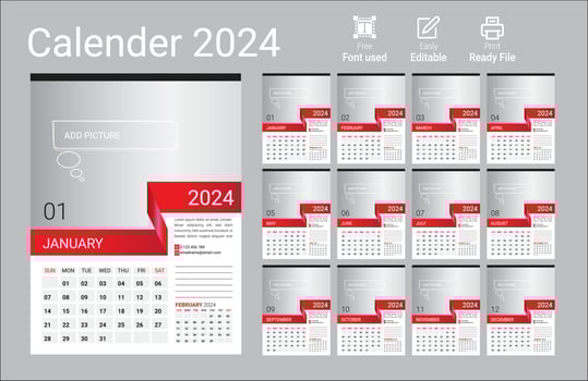 Calendar 2024, Set Desk Calendar template design with Place for Photo and Company Logo. The week starts on Sunday. Set of 12 Months vector