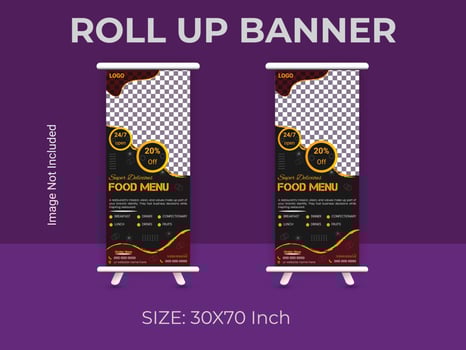 Restaurant food menu roll up banner template. vector food standee banner layout.