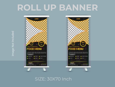 Restaurant food menu roll up banner template. vector food standee banner layout.