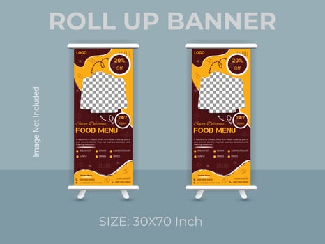 Restaurant food menu roll up banner template. vector food standee banner layout.