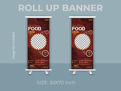 Restaurant food menu roll up banner template. vector food standee banner layout.