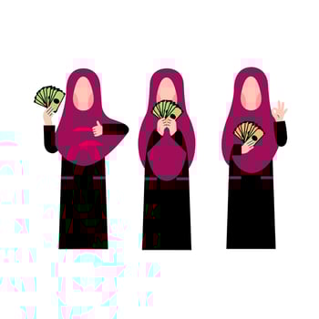 Set Of Hijab Woman Holding Money vector