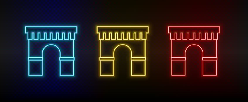 Neon icons. Building. Set of red, blue, yellow neon vector icon on dark background