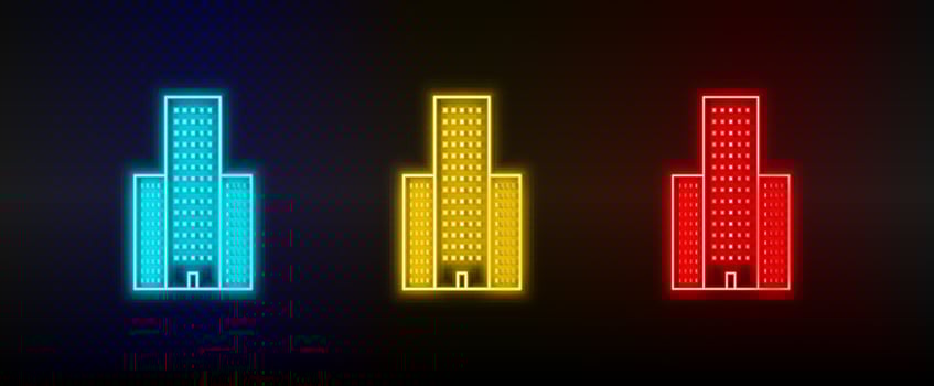 Neon icons. Building. Set of red, blue, yellow neon vector icon on dark background