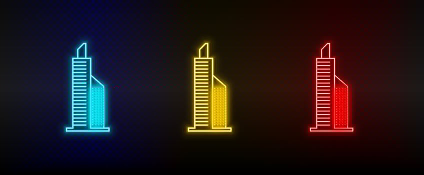 Neon icons. Building. Set of red, blue, yellow neon vector icon on dark background