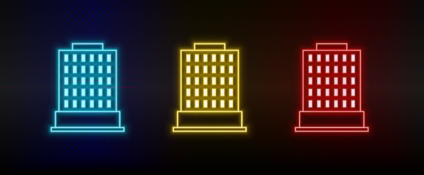 Neon icons. Building. Set of red, blue, yellow neon vector icon on dark background