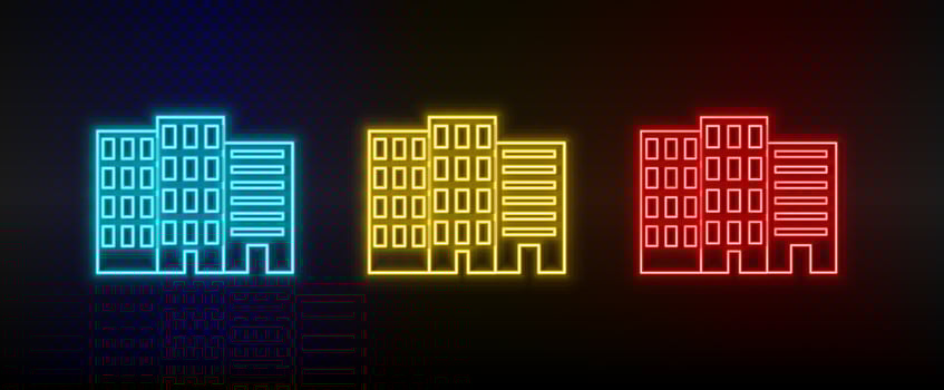 Neon icons. Building tower. Set of red, blue, yellow neon vector icon on dark background