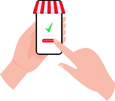 shop at online stores. hand holding mobile phone shaped online shop and pressing finger button on blank screen png