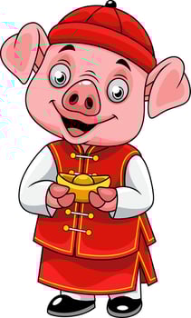 Cartoon happy little pig with traditional Chinese costume holding golden ingot vector