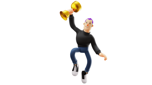 3D illustration. Successful young man 3D cartoon character. Successful young people jumping happily. Handsome successful man holding trophy smiling. 3D cartoon character png