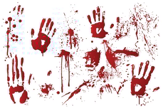 Vector bloodstain and bloody hand print isolated on white background.