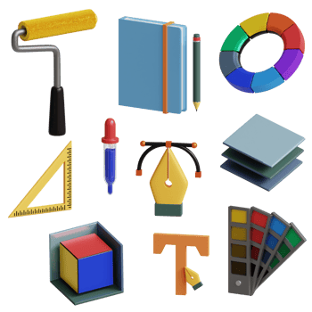 3d graphic designer set icon includes paint roll, eyedropper, notes, circleof color, 3d cube, etc perfect for design project png