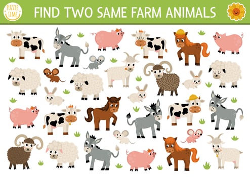 Find two same farm animals. On the farm matching activity for children. Rural village educational quiz worksheet for kids for attention skills. Simple printable game with cute pig, cow, goat, horse vector