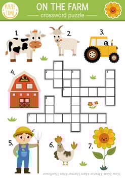Vector on the farm crossword puzzle for kids. Simple farm quiz for children. Country educational activity with cow, farmer, tractor, barn. Rural village cross word with traditional symbols