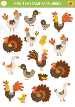 Find two same farm birds. On the farm matching activity for children. Rural village educational quiz worksheet for kids for attention skills. Simple printable game with cute hen, rooster, goose vector
