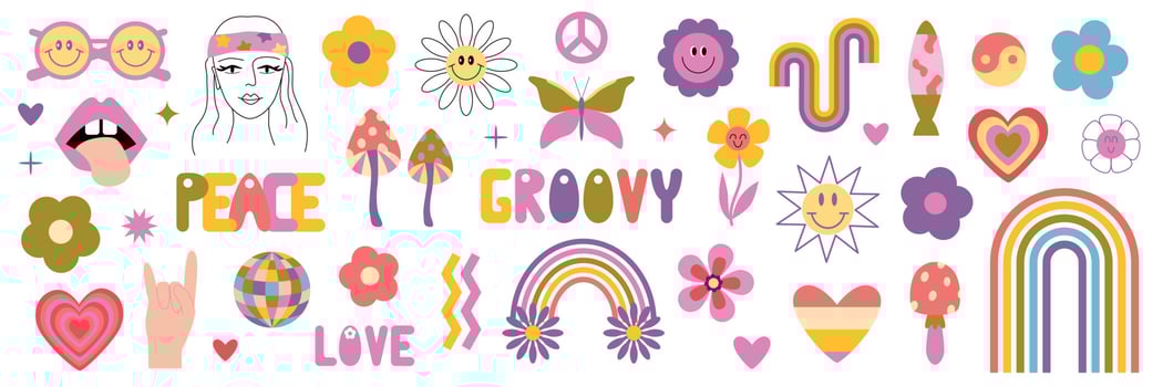 Retro 70s Groovy Hippie set. Y2k. Retro vibes. Groovy daisy flowers, rainbows, mushrooms, sign peace, hearts, lava lamp, smiling flowers, flower child, cute cartoon flowers. vector