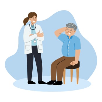 Female doctor is diagnosing elderly male patients. vector