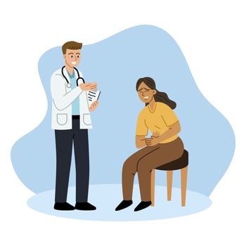 Male doctor diagnosing female patient having abdominal pain vector