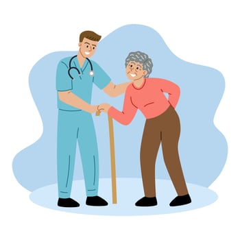 Male doctor or nurse helping elderly female patient who is using cane. vector
