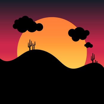 Flat abstract icon, sticker, button with desert, mountains, sun, cactuses, clouds on bright gradient background. vector