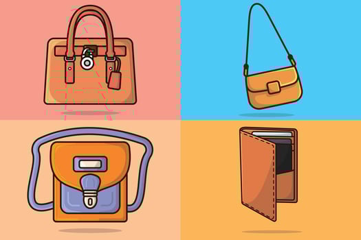 Collection of Woman Beautiful Purse vector illustration. Beauty and fashion objects icon concept. Female stylish leather handbag and pocket purse vector design. Female accessory, Fashion bags icons.