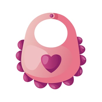 Cute pink bib for baby feeding. Silicone or plastic breastplate with heart. Baby shower invitation. It's a girl. Hello baby celebration, holiday, event. Banner, flyer. Cartoon vector