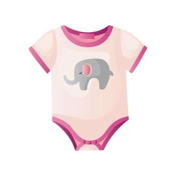 Cute pink baby bodysuit with elephant. Child romper, singlet clothes. Baby shower invitation. It's a girl. Hello baby celebration, holiday, event. Banner, flyer. Cartoon vector