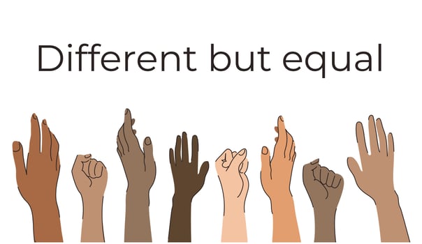 Hands of diverse group of people putting together and different colors. different but equal, stop racial discrimination. fist isolated on white background. banner design vector