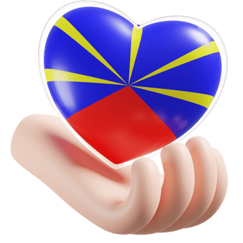 Reunion Radiant Volcano flag with heart hand care realistic 3d textured png