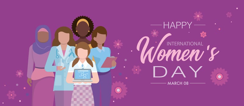 INTERNATIONAL WOMEN S DAY Greeting Card. Student girl with laptop, doctor woman, african woman and muslim woman on purple background with flowers. Vector image