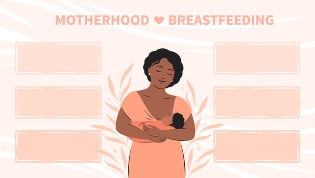 Banner about breastfeeding and motherhood. Woman  feeding baby. Tips for breastfeeding mothers. Infographics, different data, informations in frames about breastfeeding. Vector illustration.