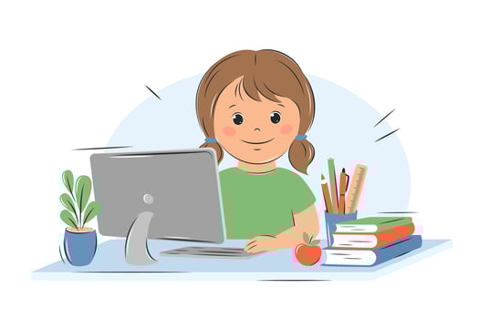Little girl studies with computer and books. Online education, home school concept. Vector illustration