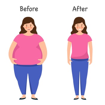 Woman fat and slim body after weight loss in flat design on white background. vector