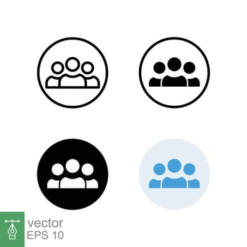 3 people icon in different style. Outline, glyph, solid, and flat style design. Multi user, circle, group, person, service concept. Crowd sign symbol. Vector illustration isolated. EPS 10.