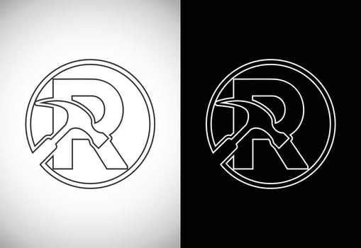 Initial R letter alphabet with a Hammer. Repair, renovation, and construction logo. Line art style logo vector