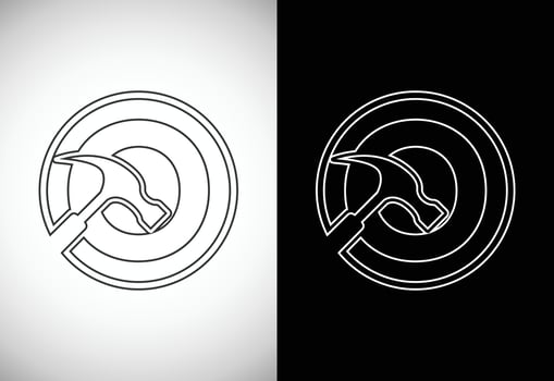 Initial O letter alphabet with a Hammer. Repair, renovation, and construction logo. Line art style logo vector