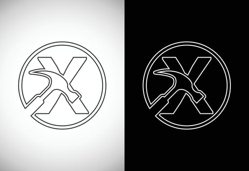 Initial X letter alphabet with a Hammer. Repair, renovation, and construction logo. Line art style logo vector