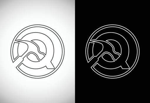 Initial Q letter alphabet with a Hammer. Repair, renovation, and construction logo. Line art style logo vector