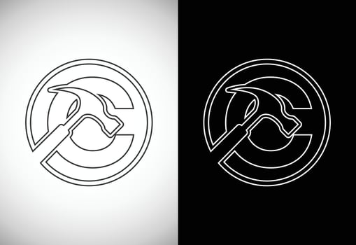 Initial C letter alphabet with a Hammer. Repair, renovation, and construction logo. Line art style logo vector