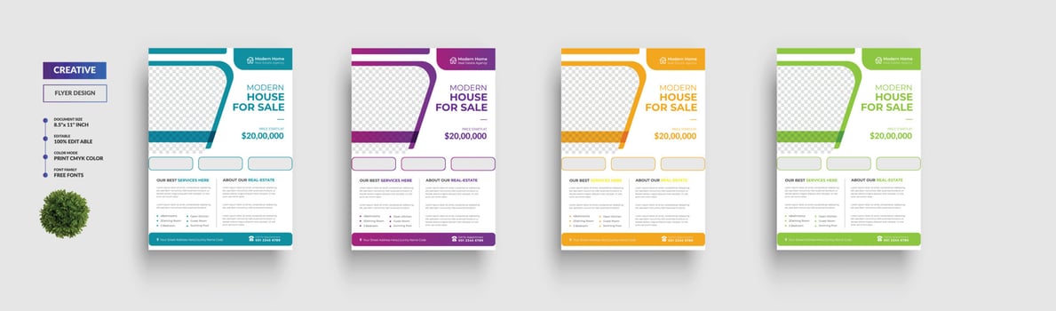 Real Estate Flyer Template Design, Modern Home Sale, Corporate Unique Flyer Design, Vector Flyer, Print Ready Template, 4 colors, Red, Yellow, Green, Blue vector template in A4 size  Vector