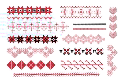 Set of geometric figures of ethnic embroidery. Seamless pattern of tribal embroidery. Ukrainian pattern. Ethnic ornament. Cross-stitch. Vector illustration on a white background.
