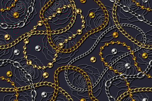 Seamless pattern with various shiny metal chains in mess on dark violet background with contour roses. Golden, silver, black steel colors. Vector illustration for print, fabric, textile.