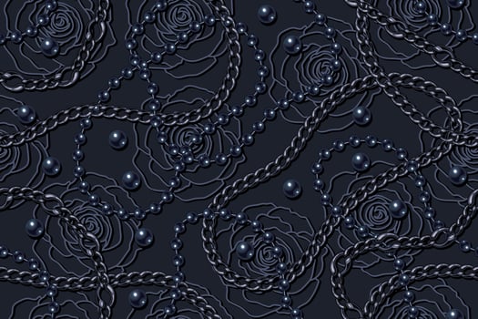 Seamless low contrast blue pattern with pearl beads, strings of black pearls, stainless chains, linear roses on black background. Wavy lines, classic blue color. Vector illustration