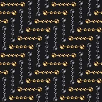 Seamless geometric herringbone pattern with gold and black ball chains on a black background. Vector Illustration.