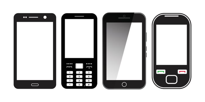 Smartphone, moblie phone set with white screen and black body, old and new smartphone and button phone, vector eps 10.
