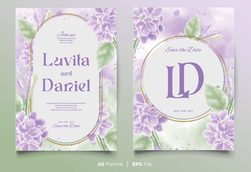 watercolor wedding invitation template with purple and green flower ornament vector