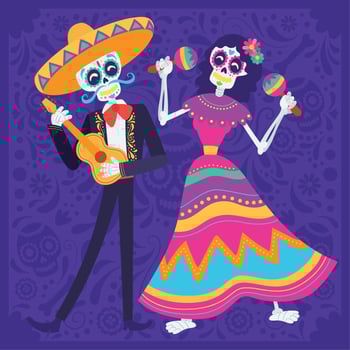 Colored pair of skull characters Dia de los muertos poster Vector