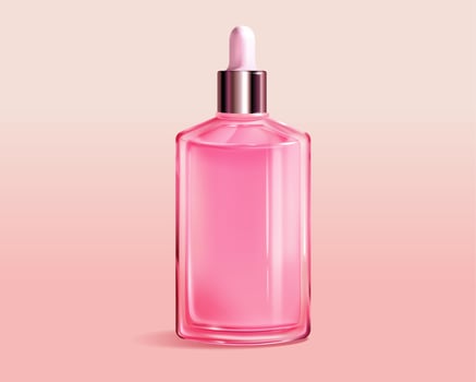 3d illustration of cosmetic container. Pink glass dropper bottle isolated on pink background. vector